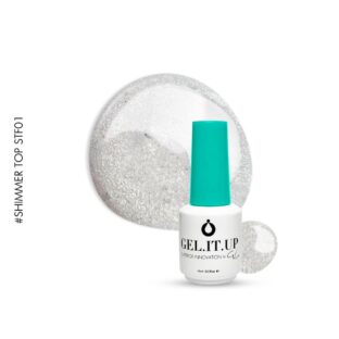 Flacon et nuancier du top coat sans résidu Shimmer STF01 de GEL.IT.UP, une finition vsp transparente avec de ultra fines paillettes argent.