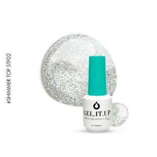 Flacon et nuancier du top coat sans résidu Shimmer STF02 de GEL.IT.UP, une finition vsp transparente avec de fines paillettes argentées.