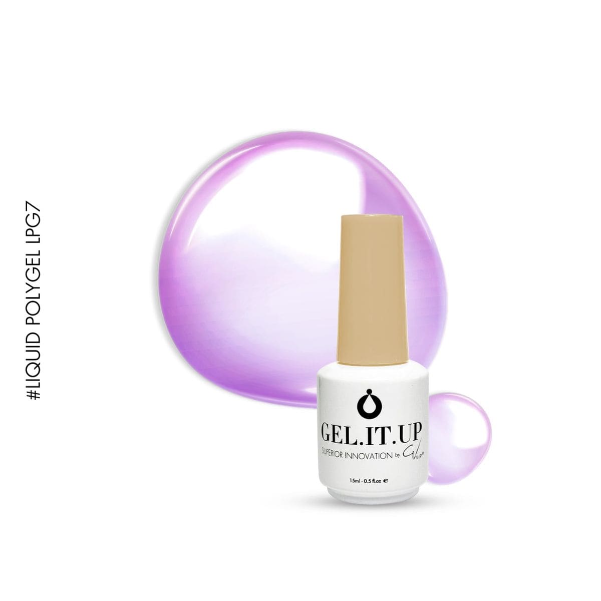 Flacon et nuancier du Liquid Polygel LPG7 - Purple - GEL.IT.UP, un mauve clair pastel.